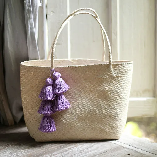 Borneo Sani Straw Tote Bag - with Purple Tassels