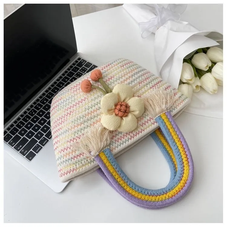 Chic Woven Mini Bag,Fashionable 2024 Trend Floral Embellished Hand Bag