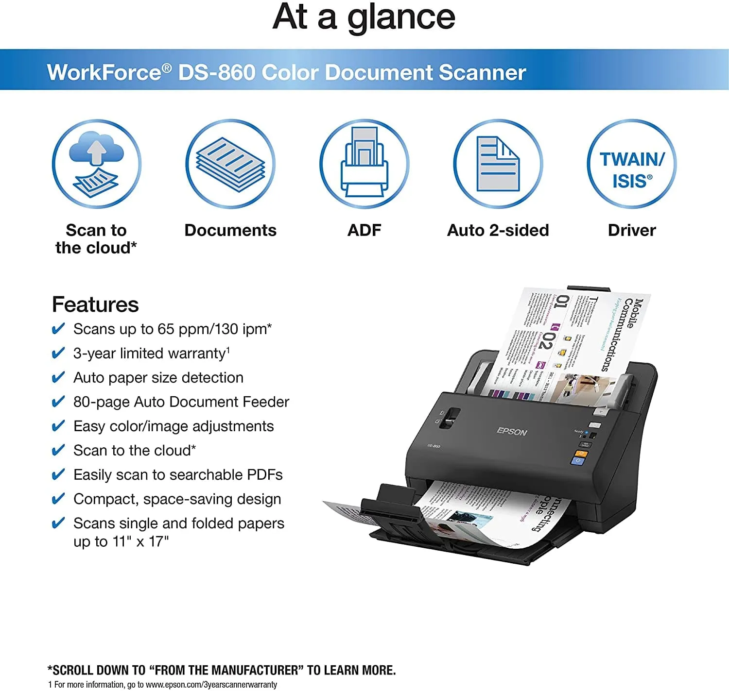 Epson WorkForce DS-860 Color Document Scanner - Certified Refurbished