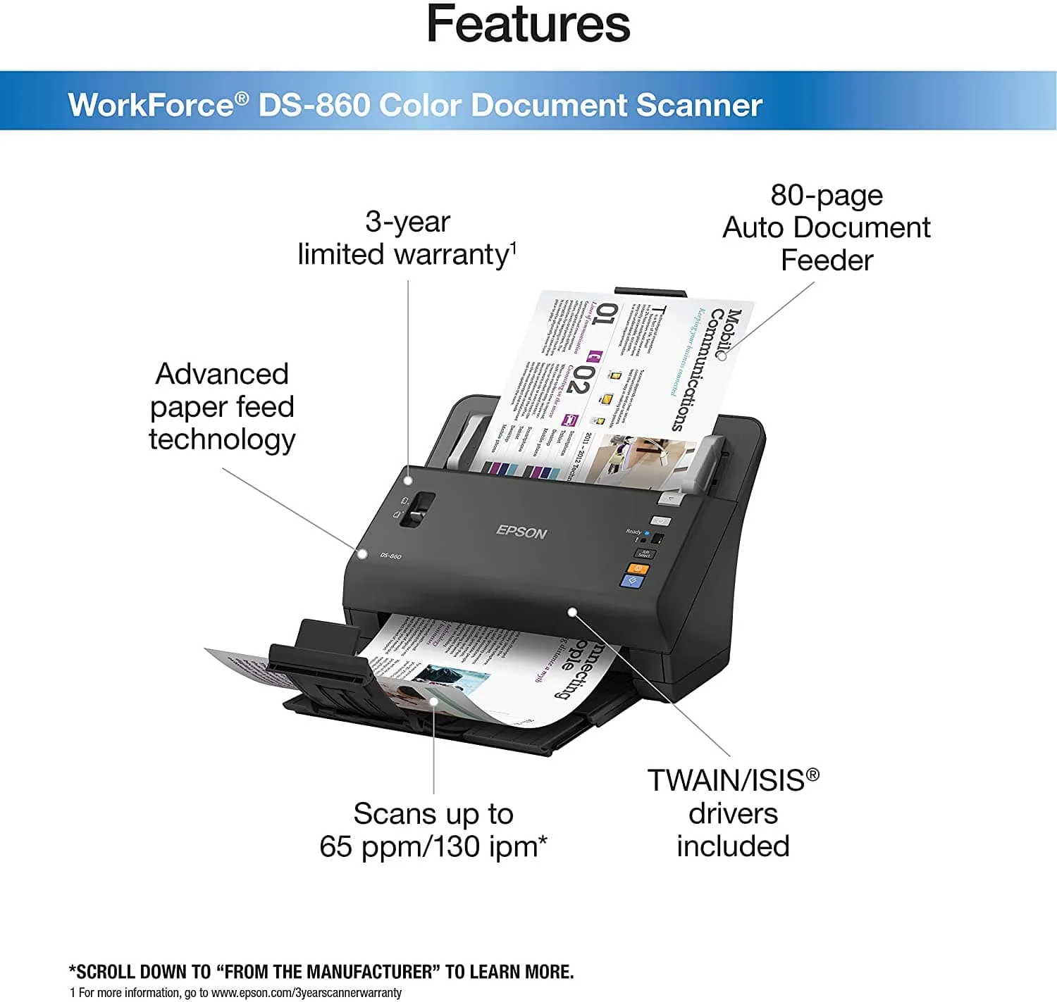 Epson WorkForce DS-860 Color Document Scanner - Certified Refurbished