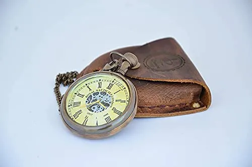 Handmade Antique Brass Clock Roman Numerals Clock with Chain and A Brown Leather Bag