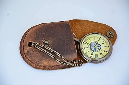 Handmade Antique Brass Clock Roman Numerals Clock with Chain and A Brown Leather Bag