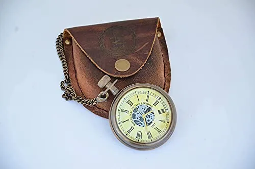 Handmade Antique Brass Clock Roman Numerals Clock with Chain and A Brown Leather Bag