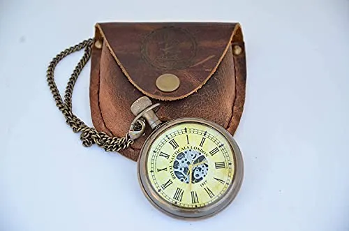 Handmade Antique Brass Clock Roman Numerals Clock with Chain and A Brown Leather Bag