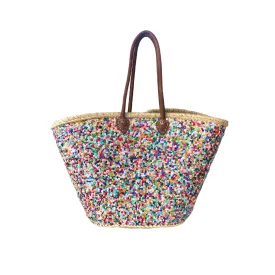 Large Straw Tote with Multi-Colored Sequins