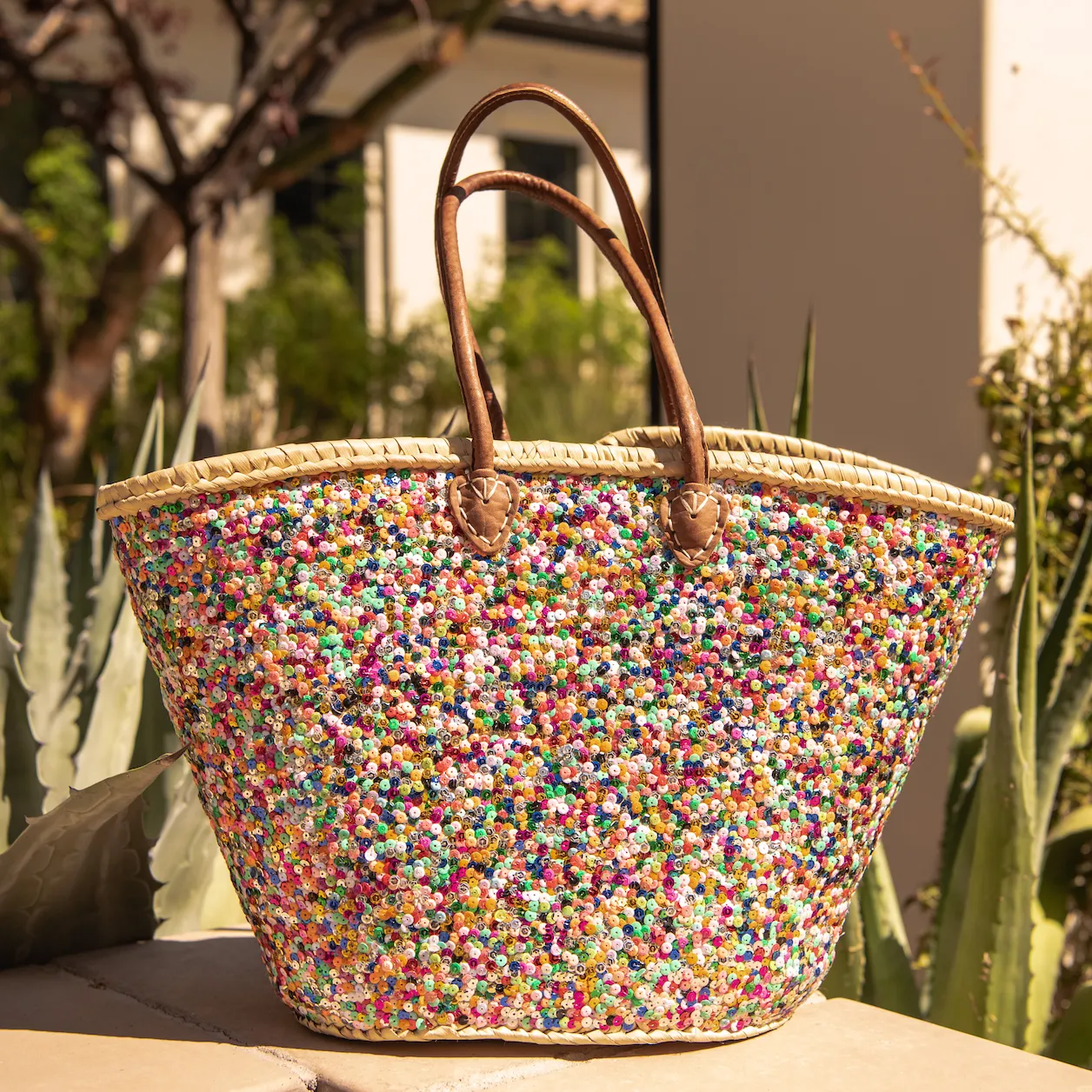 Large Straw Tote with Multi-Colored Sequins