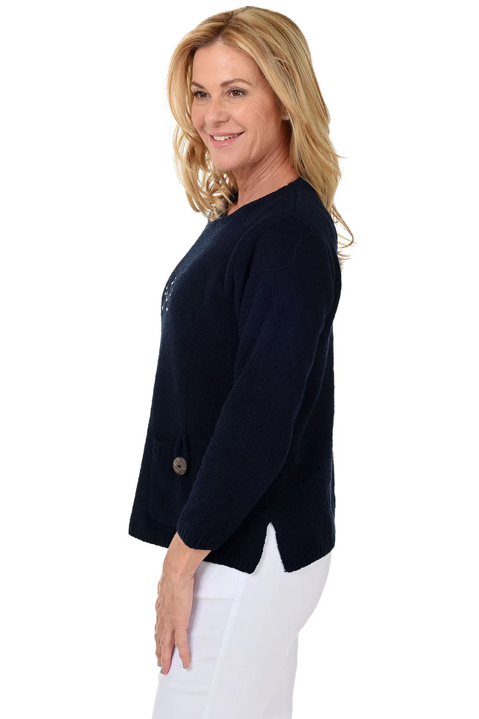 Navy Anchor Embroidered Chenille Sweater