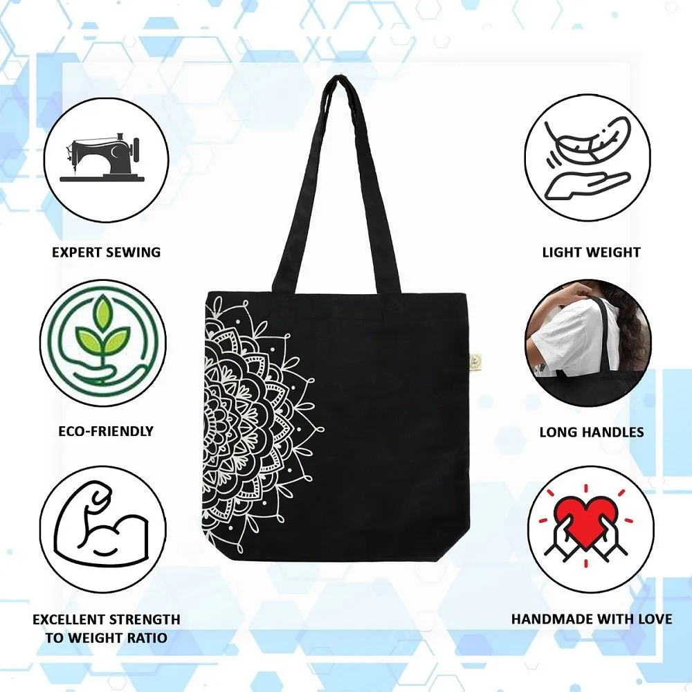 Premium Cotton Canvas Tote Bag- Half Mandala Black