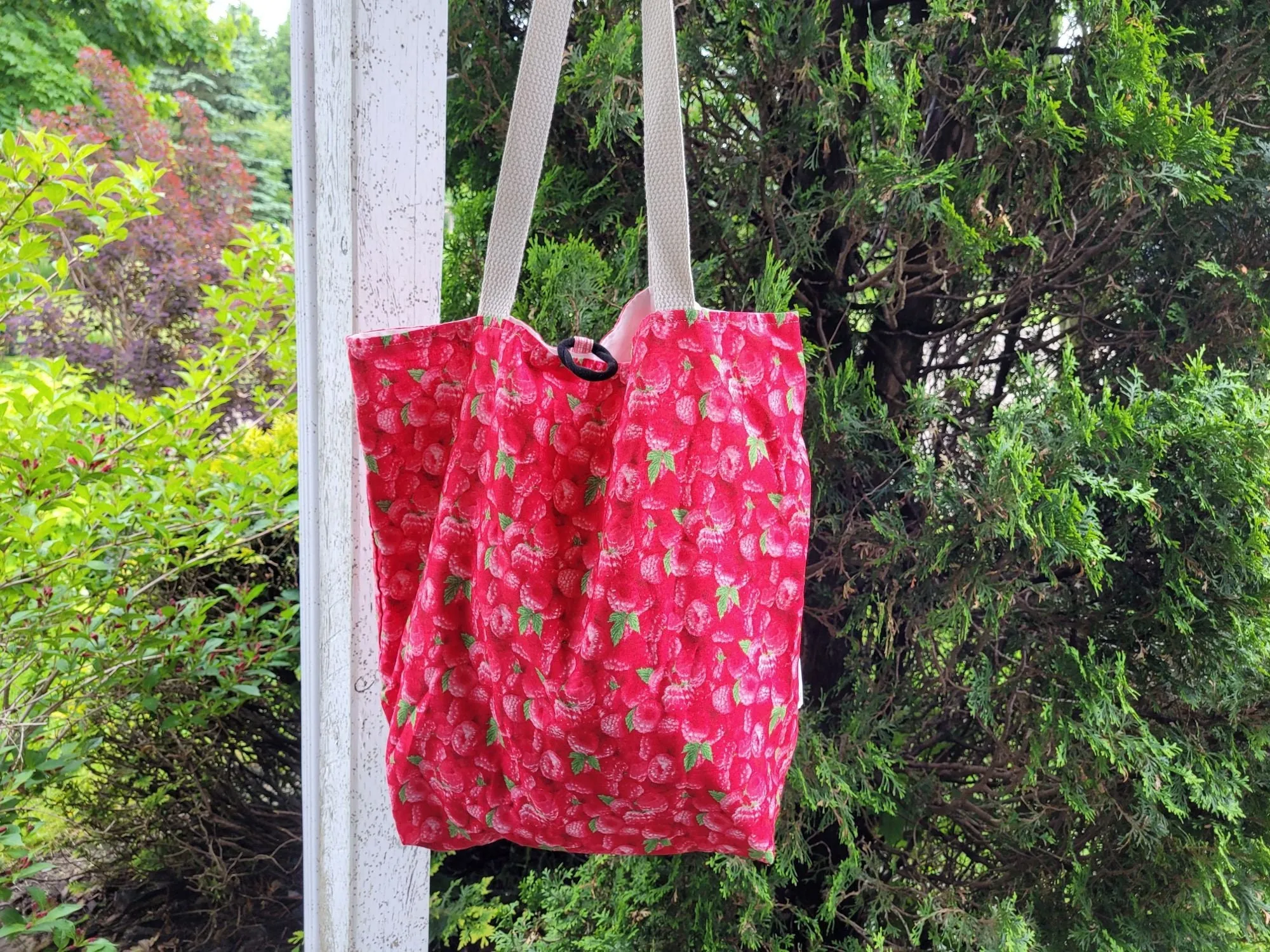 Raspberry Tote Bag, Reusable Cotton Grocery Bag, Compact Shopping Bag for Purse