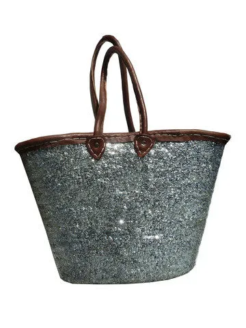 Sequin And Leather Tote Silver