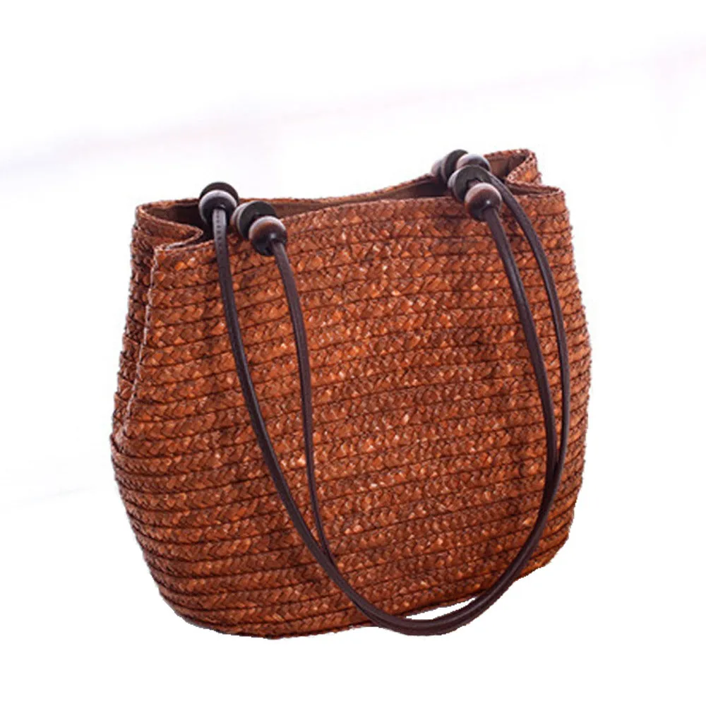 Straw Tote with Wooden Beads