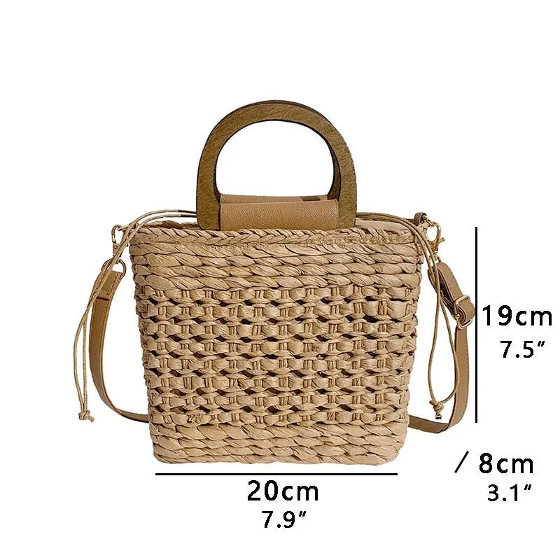 TEEK - Straw Drawstring Closure Wooden Handle Shoulder Bag