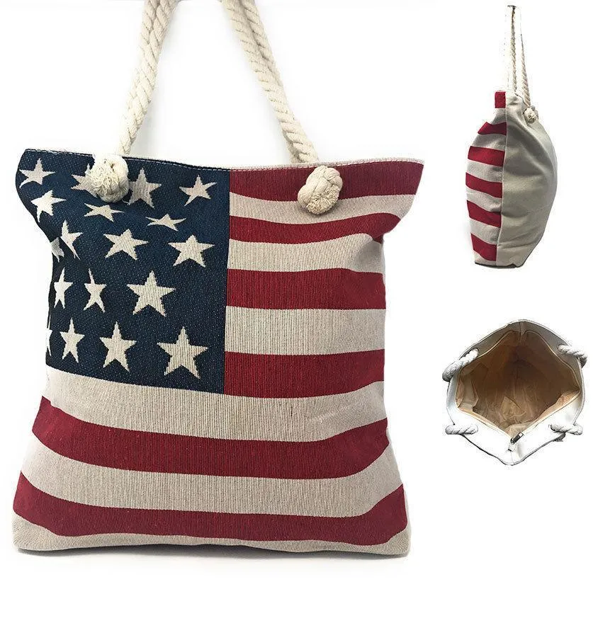 USA Flag Patriotic Canvas Reusable Eco Grocery Shopping Beach Gym Work Tote Bag